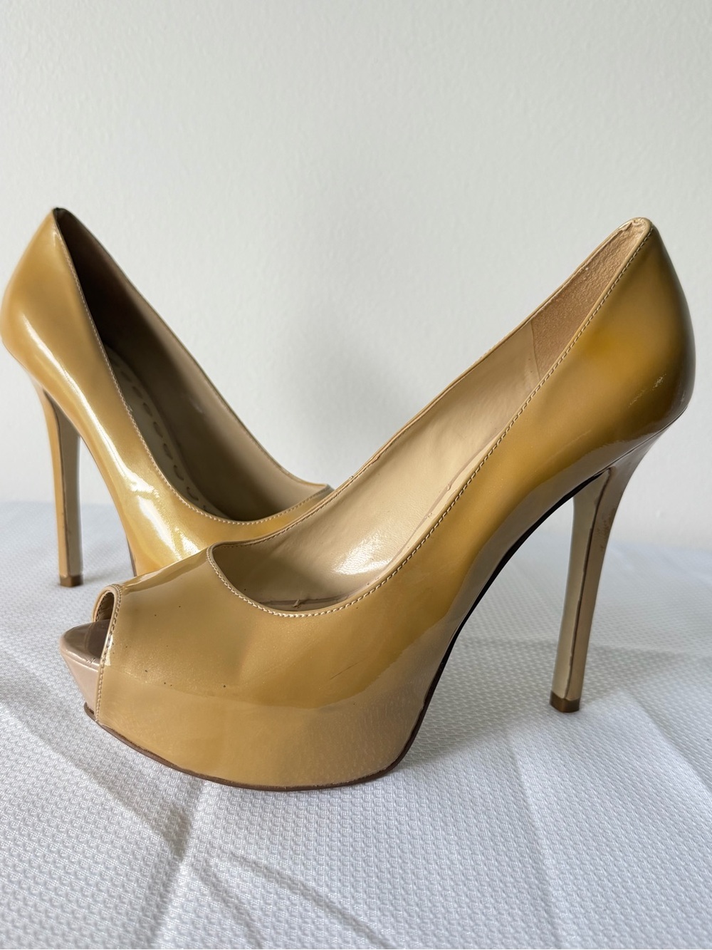 Enzo Angiolini Patent Mustard Peep-Toe Stilettos